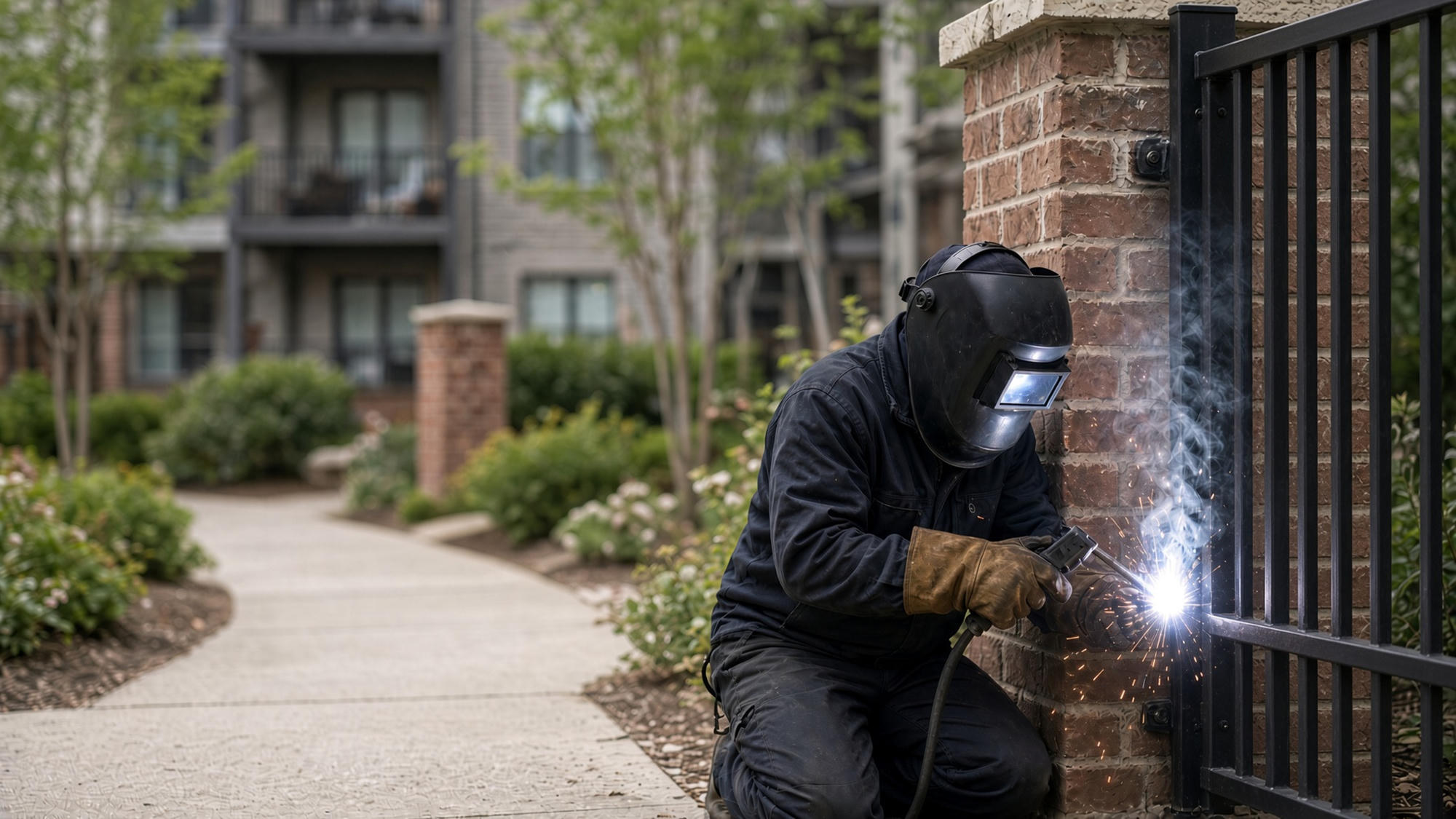 Technician welding a hinge on a steel pedestrian gate