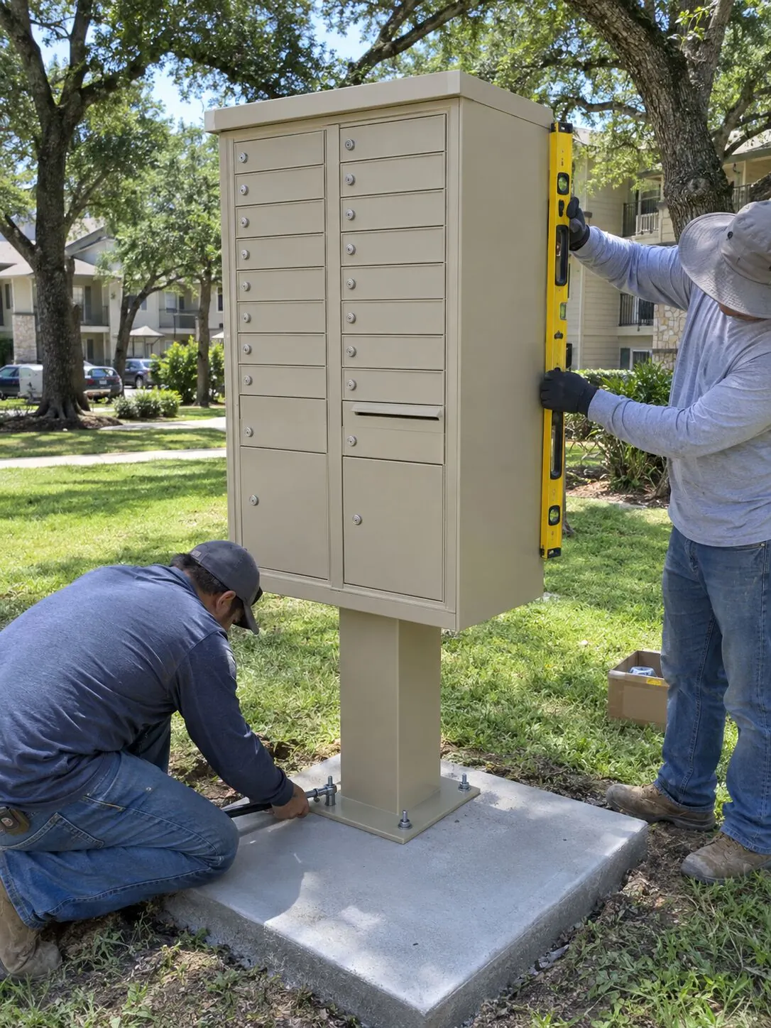 Dos técnicos nivelando y anclando un buzón CBU de pedestal color beige sobre una base de concreto en un complejo de apartamentos