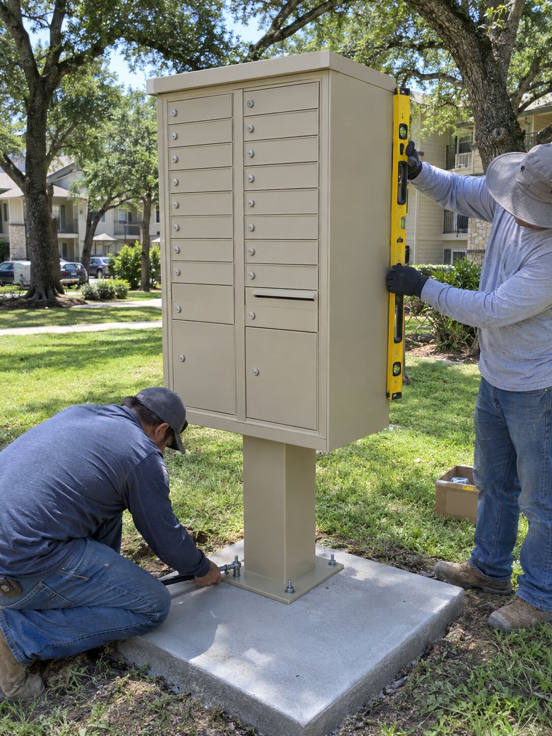 Dos técnicos nivelando y anclando un buzón CBU de pedestal color beige sobre una base de concreto en un complejo de apartamentos