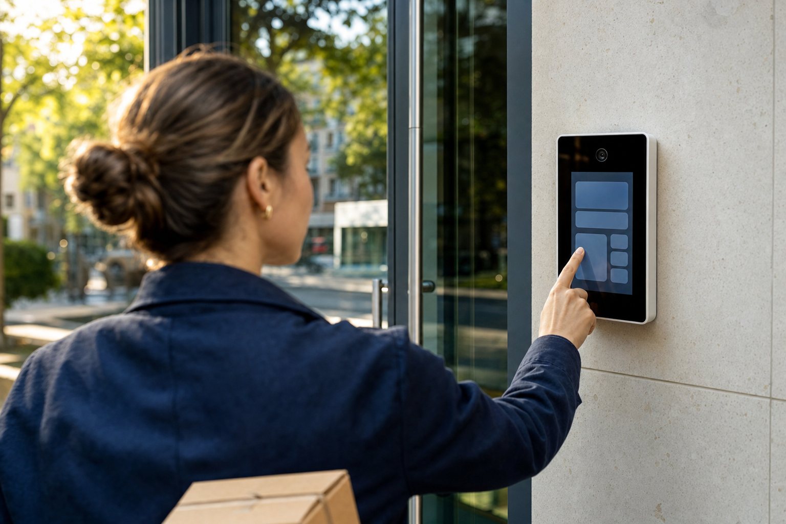 Residente usando un panel de acceso con intercomunicador de video en la entrada de un edificio multifamiliar
