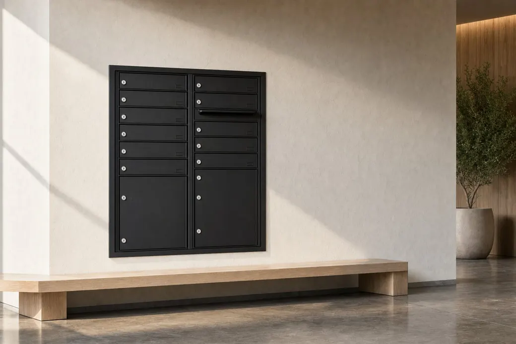 Matte black recessed 4C mailbox unit in a modern apartment mail room